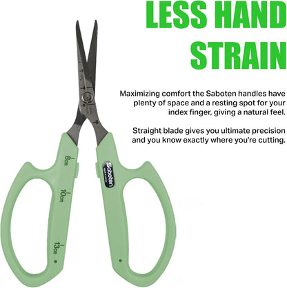Saboten Fluorine Coated Angled Blade Trimming Scissors Green PT-2 160mm Precision Gardening Bonsai and Floral Shears Made in Japan