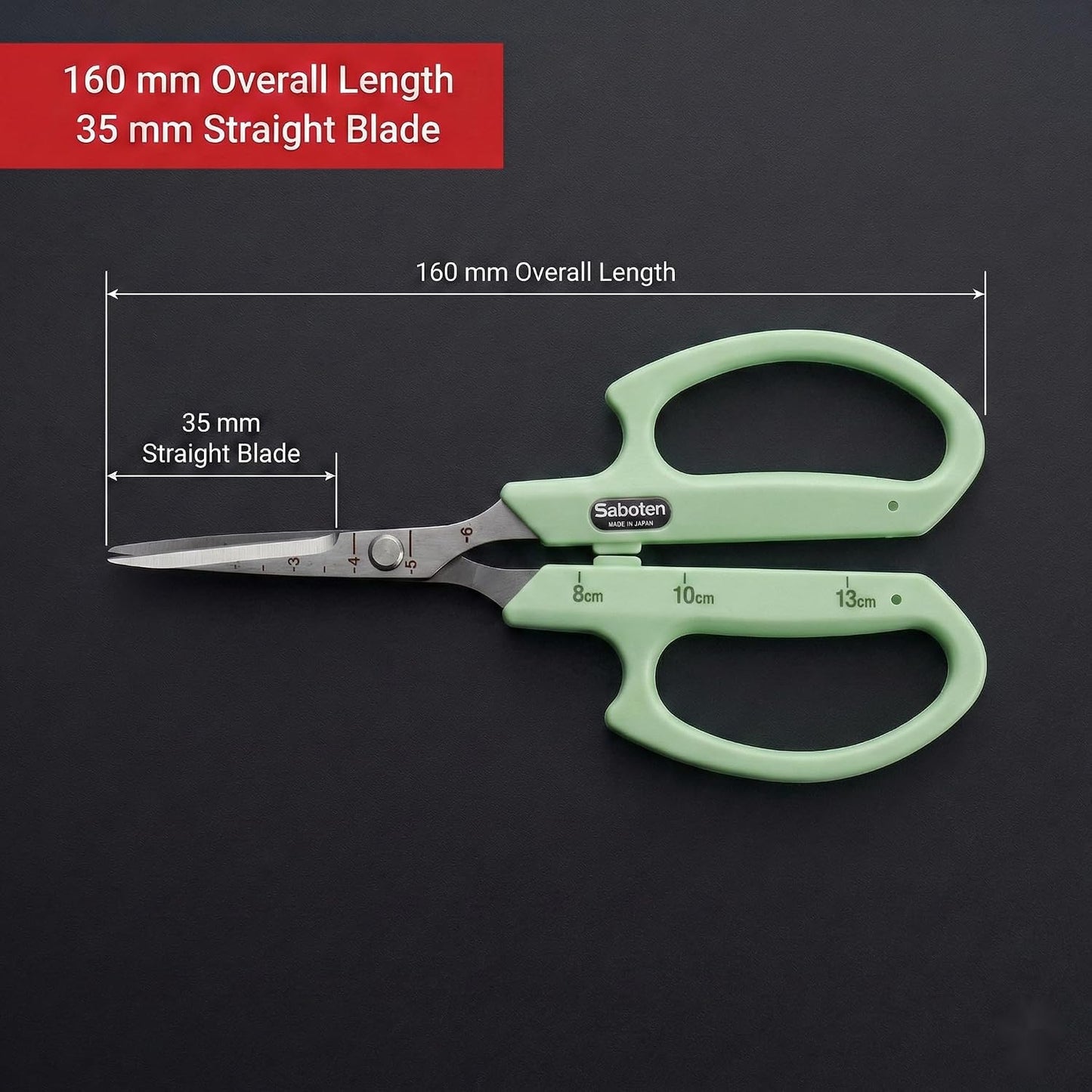 Saboten Fluorine Coated Angled Blade Trimming Scissors Green PT-2 160mm Precision Gardening Bonsai and Floral Shears Made in Japan