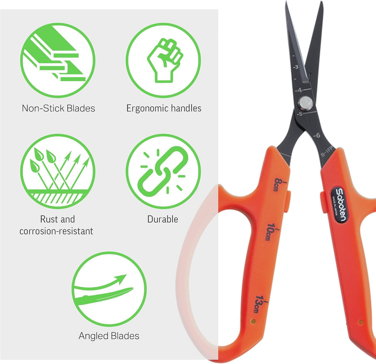 Saboten Fluorine Coated Angled Blade Trimming Scissors Green PT-2 160mm Precision Gardening Bonsai and Floral Shears Made in Japan