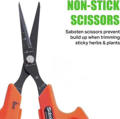Saboten Fluorine Coated Angled Blade Trimming Scissors Green PT-2 160mm Precision Gardening Bonsai and Floral Shears Made in Japan