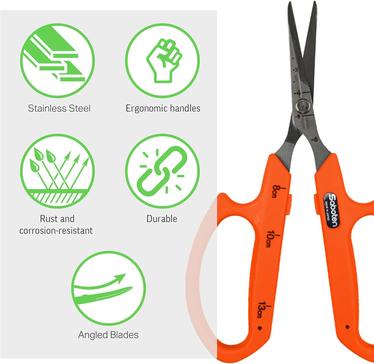 Saboten Fluorine Coated Angled Blade Trimming Scissors Green PT-2 160mm Precision Gardening Bonsai and Floral Shears Made in Japan