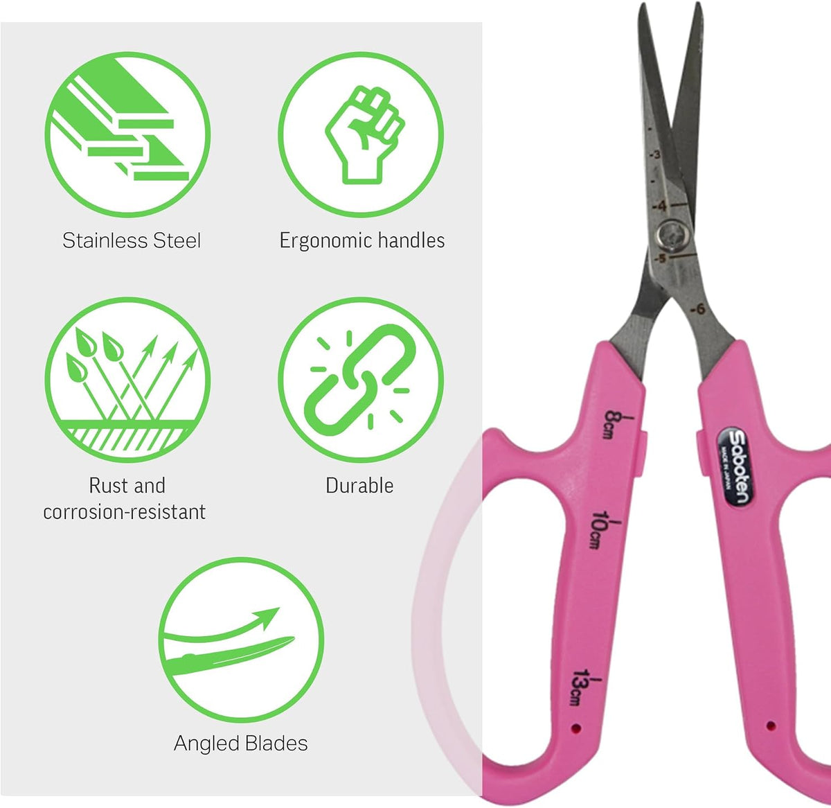 Saboten Fluorine Coated Angled Blade Trimming Scissors Green PT-2 160mm Precision Gardening Bonsai and Floral Shears Made in Japan