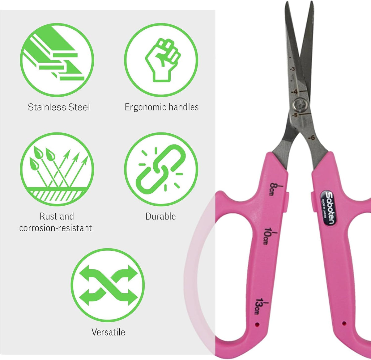 Saboten Fluorine Coated Angled Blade Trimming Scissors Green PT-2 160mm Precision Gardening Bonsai and Floral Shears Made in Japan