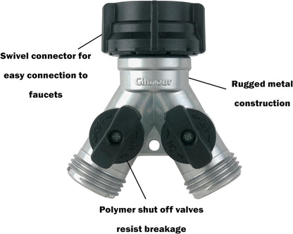Heavy Duty 2 Way Garden Hose Splitter, Dual Water Hose Splitter with Shut Off Valve, Metal Water Manifold