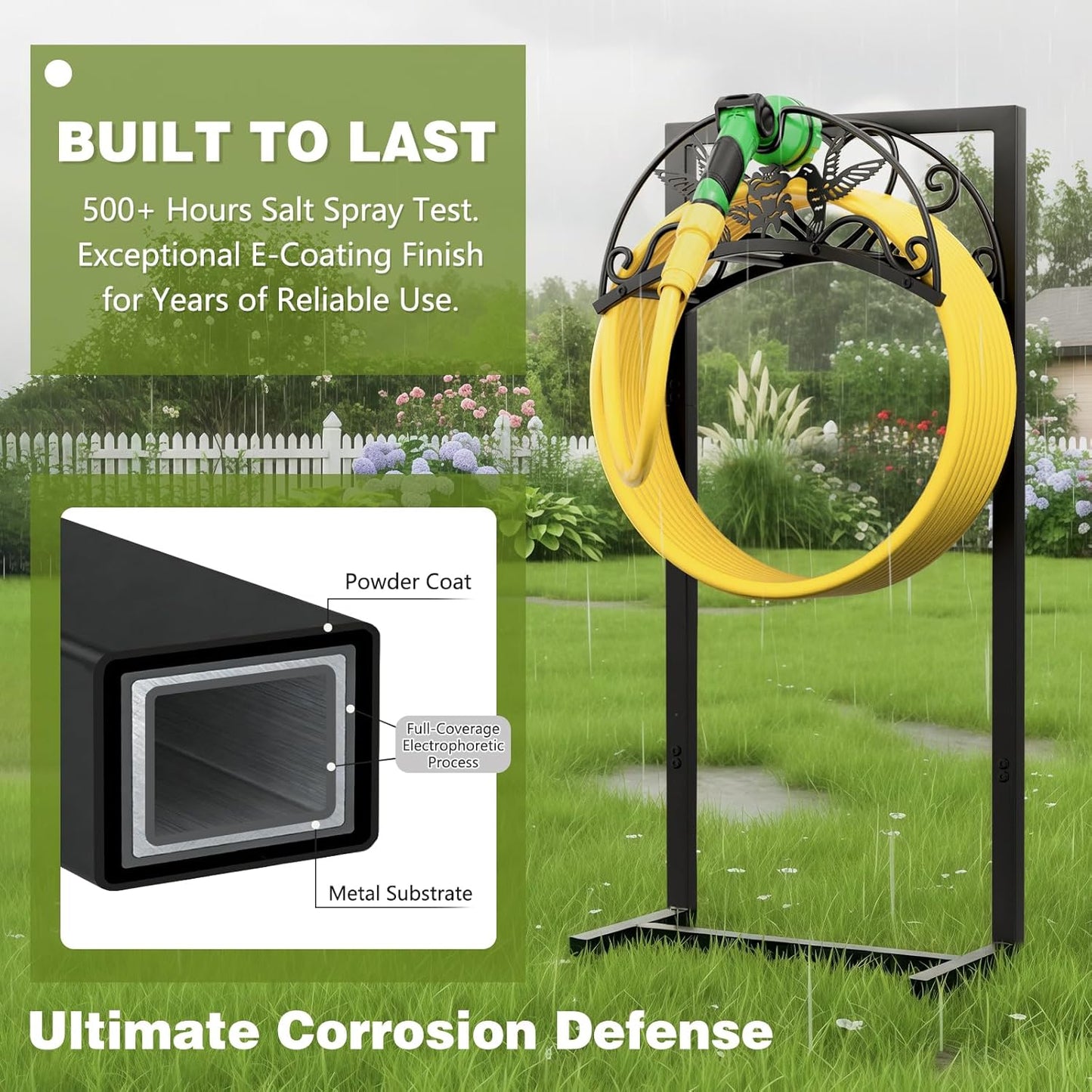 Garden Hose Holder - Upgraded Electrophoretic Coating Anti-Rust Graden Hose Storage Rack with Hummingbird Pattern Holds 150ft, Heavy Duty Garden Hose Hanger, Water Hose Holders for Outside Yard Lawn