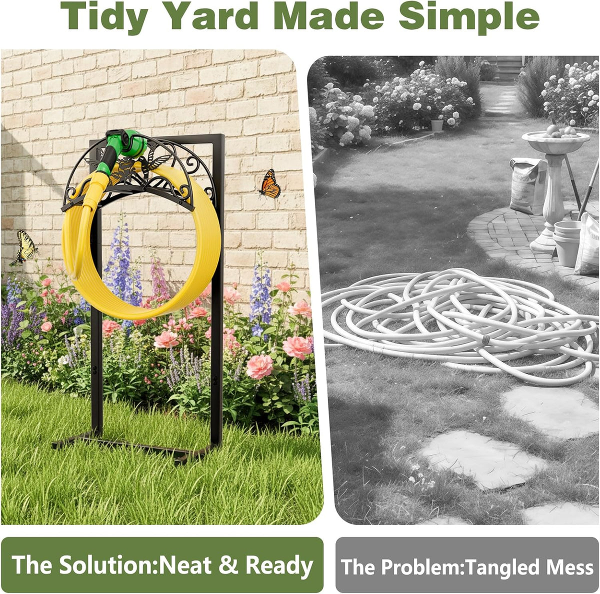 Garden Hose Holder - Upgraded Electrophoretic Coating Anti-Rust Graden Hose Storage Rack with Hummingbird Pattern Holds 150ft, Heavy Duty Garden Hose Hanger, Water Hose Holders for Outside Yard Lawn