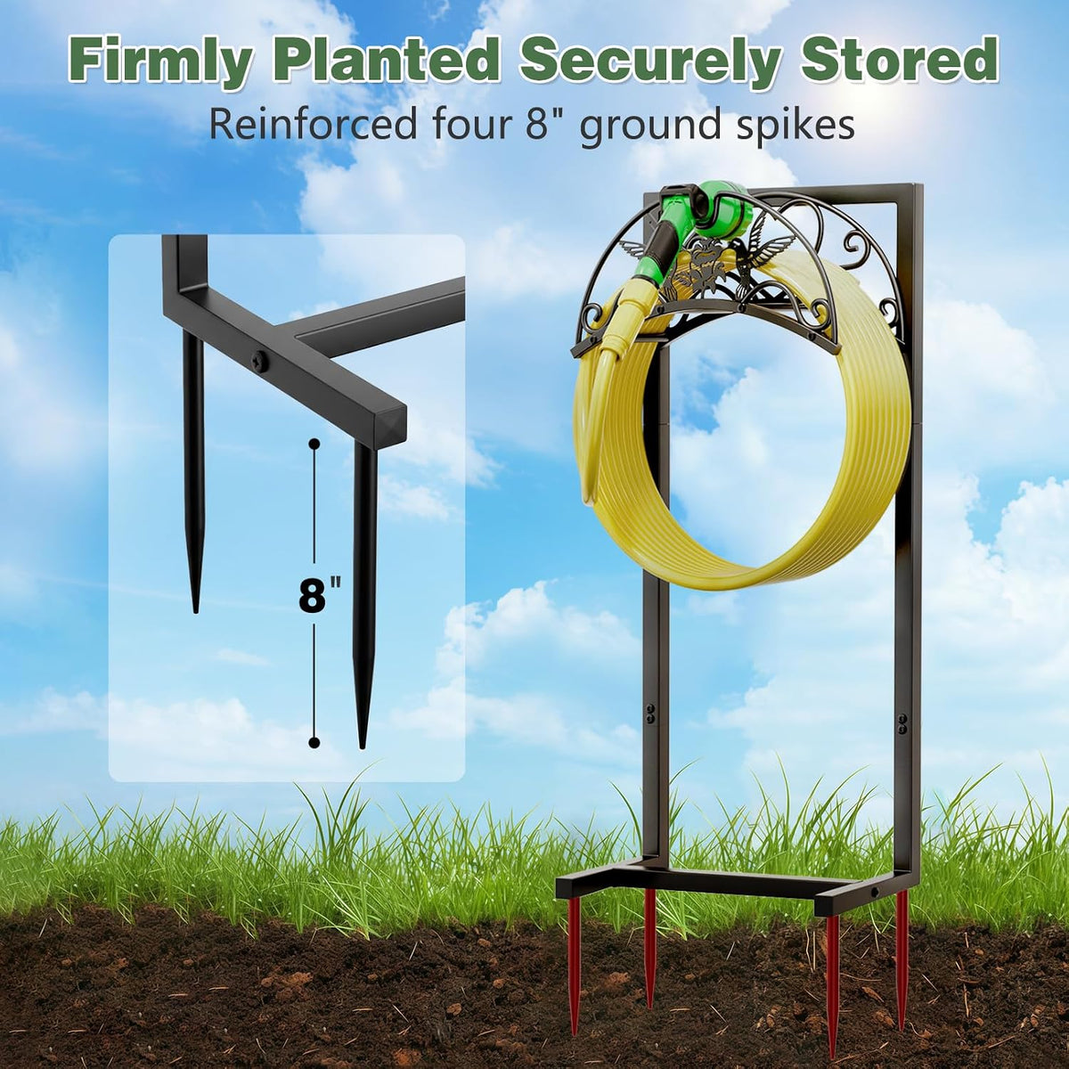 Garden Hose Holder - Upgraded Electrophoretic Coating Anti-Rust Graden Hose Storage Rack with Hummingbird Pattern Holds 150ft, Heavy Duty Garden Hose Hanger, Water Hose Holders for Outside Yard Lawn