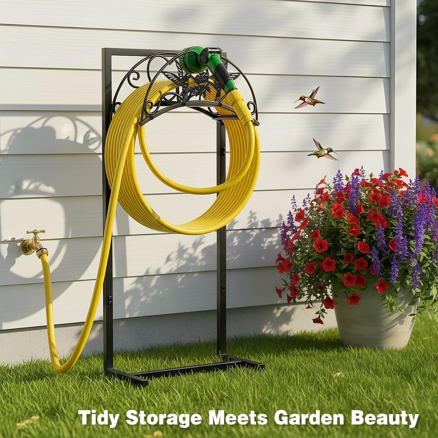 Garden Hose Holder - Upgraded Electrophoretic Coating Anti-Rust Graden Hose Storage Rack with Hummingbird Pattern Holds 150ft, Heavy Duty Garden Hose Hanger, Water Hose Holders for Outside Yard Lawn