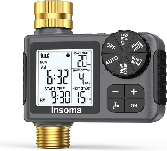 Water Timer for Garden Hose with Brass Inlet & Outlet, 1 Outlet Sprinkler Timer with Auto/Manual/Rain Delay Mode, Large LCD Display, Easy Programming Hose Timers for Lawn Garden Yard Vacation Watering