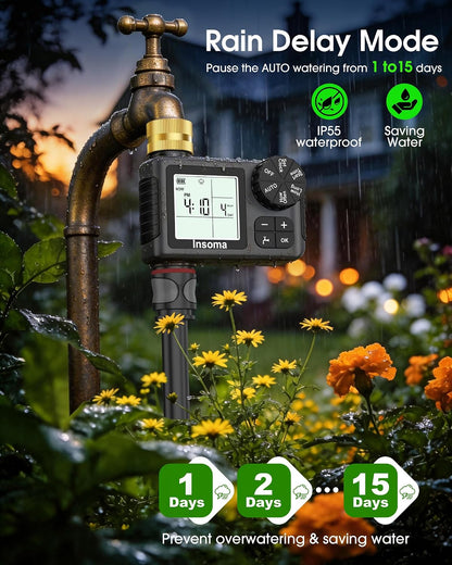 Water Timer for Garden Hose with Brass Inlet & Outlet, 1 Outlet Sprinkler Timer with Auto/Manual/Rain Delay Mode, Large LCD Display, Easy Programming Hose Timers for Lawn Garden Yard Vacation Watering