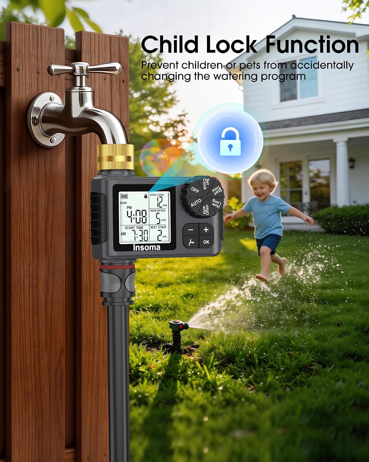 Water Timer for Garden Hose with Brass Inlet & Outlet, 1 Outlet Sprinkler Timer with Auto/Manual/Rain Delay Mode, Large LCD Display, Easy Programming Hose Timers for Lawn Garden Yard Vacation Watering