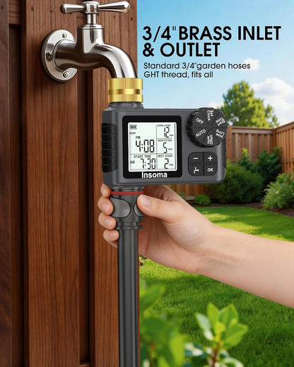 Water Timer for Garden Hose with Brass Inlet & Outlet, 1 Outlet Sprinkler Timer with Auto/Manual/Rain Delay Mode, Large LCD Display, Easy Programming Hose Timers for Lawn Garden Yard Vacation Watering