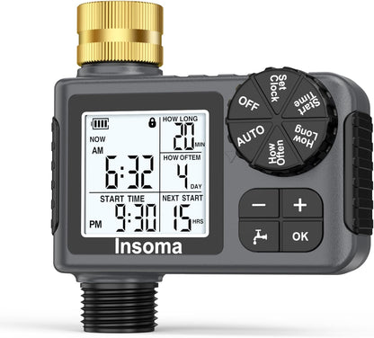 Water Timer for Garden Hose with Brass Inlet & Outlet, 1 Outlet Sprinkler Timer with Auto/Manual/Rain Delay Mode, Large LCD Display, Easy Programming Hose Timers for Lawn Garden Yard Vacation Watering