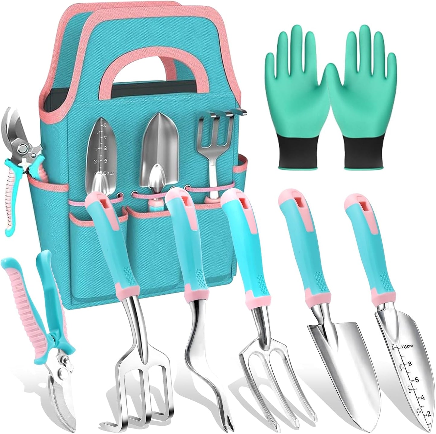 Garden Tool Set,8 Pcs Gardening Hand Tool Starter Kit for Women Heavy Duty Outdoor Tool Kit Aluminum Alloy with Non Slip Ergonomic Handle, Ideal Gifts for Women and Men, Green&Pink