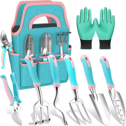 Garden Tool Set,8 Pcs Gardening Hand Tool Starter Kit for Women Heavy Duty Outdoor Tool Kit Aluminum Alloy with Non Slip Ergonomic Handle, Ideal Gifts for Women and Men, Green&Pink