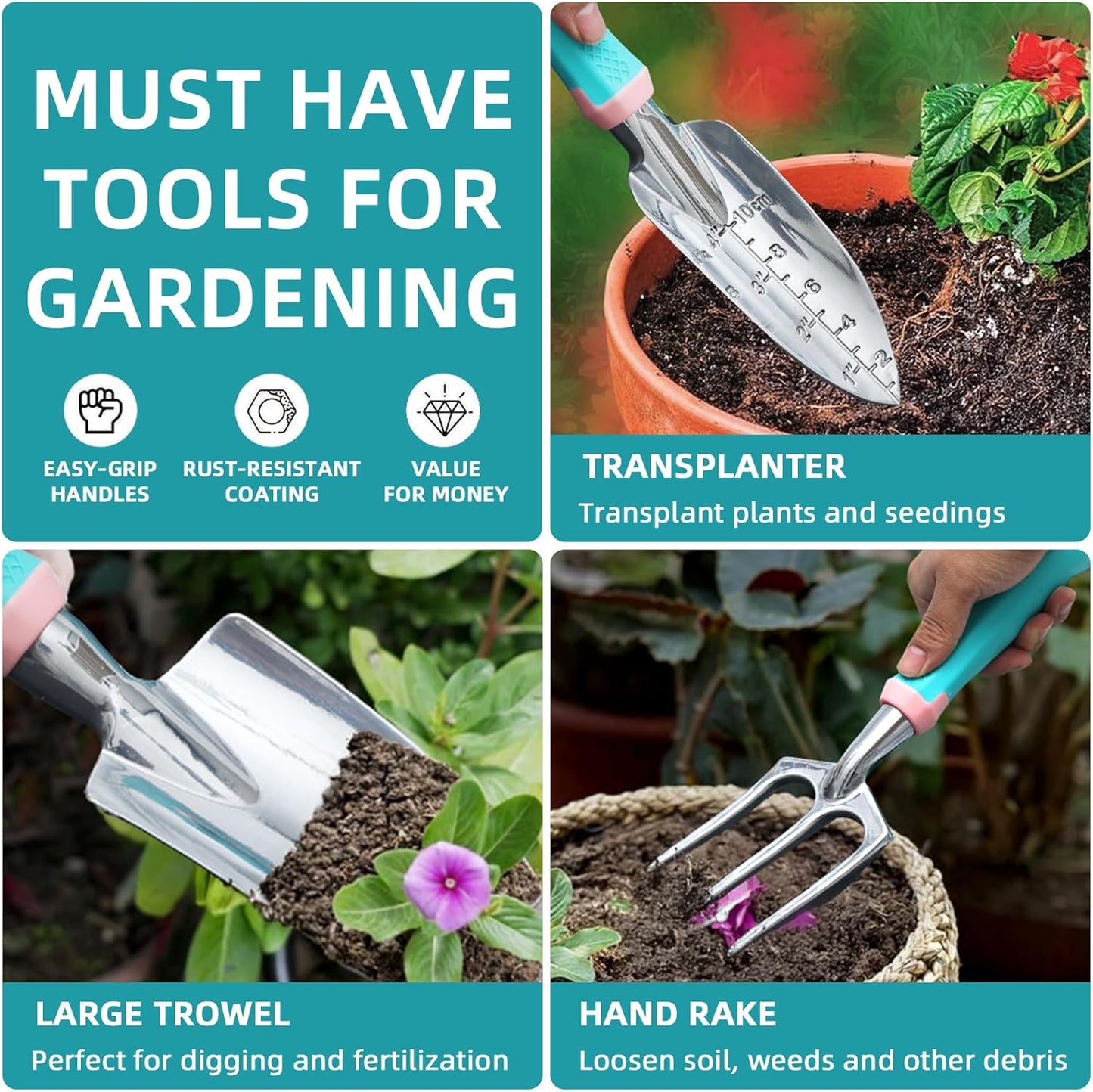 Garden Tool Set,8 Pcs Gardening Hand Tool Starter Kit for Women Heavy Duty Outdoor Tool Kit Aluminum Alloy with Non Slip Ergonomic Handle, Ideal Gifts for Women and Men, Green&Pink