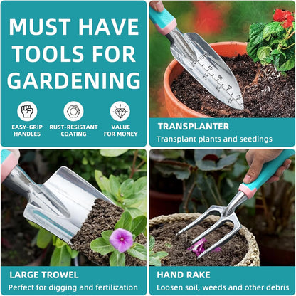 Garden Tool Set,8 Pcs Gardening Hand Tool Starter Kit for Women Heavy Duty Outdoor Tool Kit Aluminum Alloy with Non Slip Ergonomic Handle, Ideal Gifts for Women and Men, Green&Pink