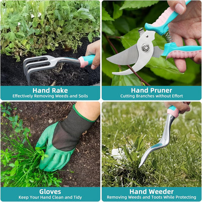 Garden Tool Set,8 Pcs Gardening Hand Tool Starter Kit for Women Heavy Duty Outdoor Tool Kit Aluminum Alloy with Non Slip Ergonomic Handle, Ideal Gifts for Women and Men, Green&Pink