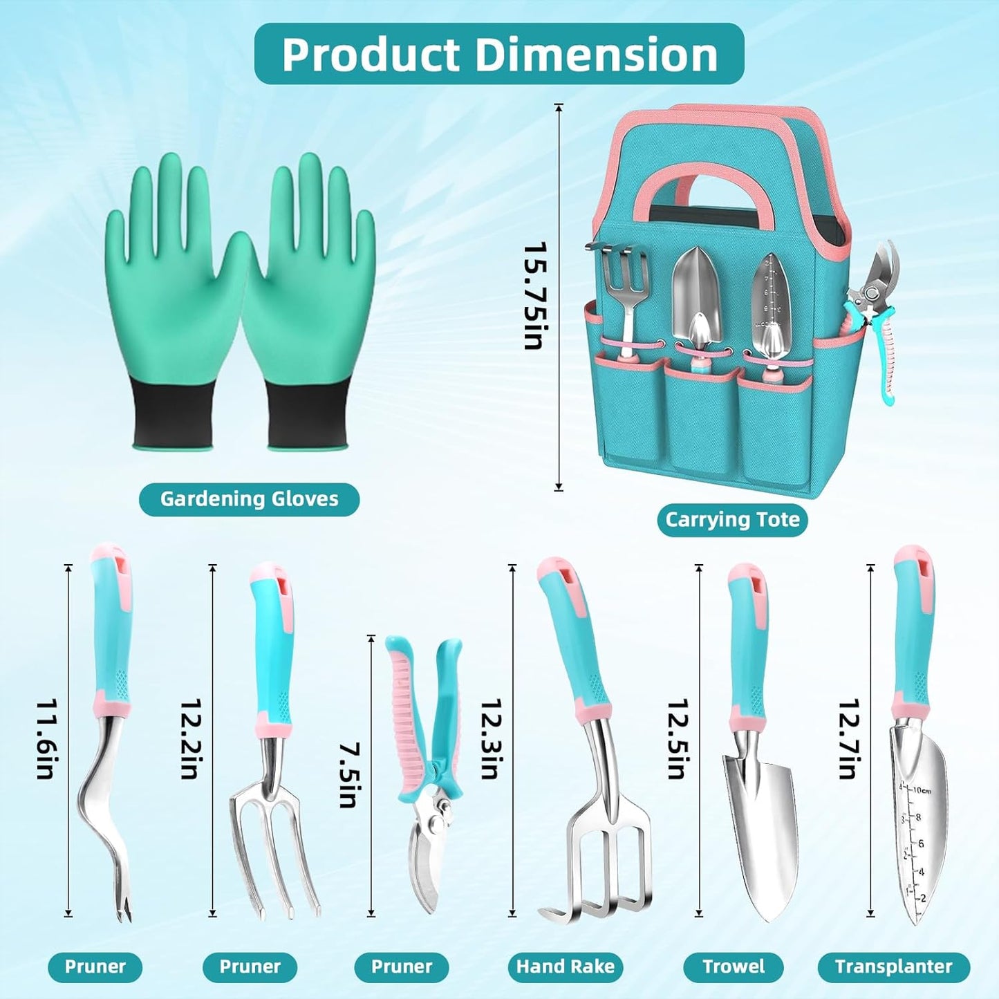 Garden Tool Set,8 Pcs Gardening Hand Tool Starter Kit for Women Heavy Duty Outdoor Tool Kit Aluminum Alloy with Non Slip Ergonomic Handle, Ideal Gifts for Women and Men, Green&Pink