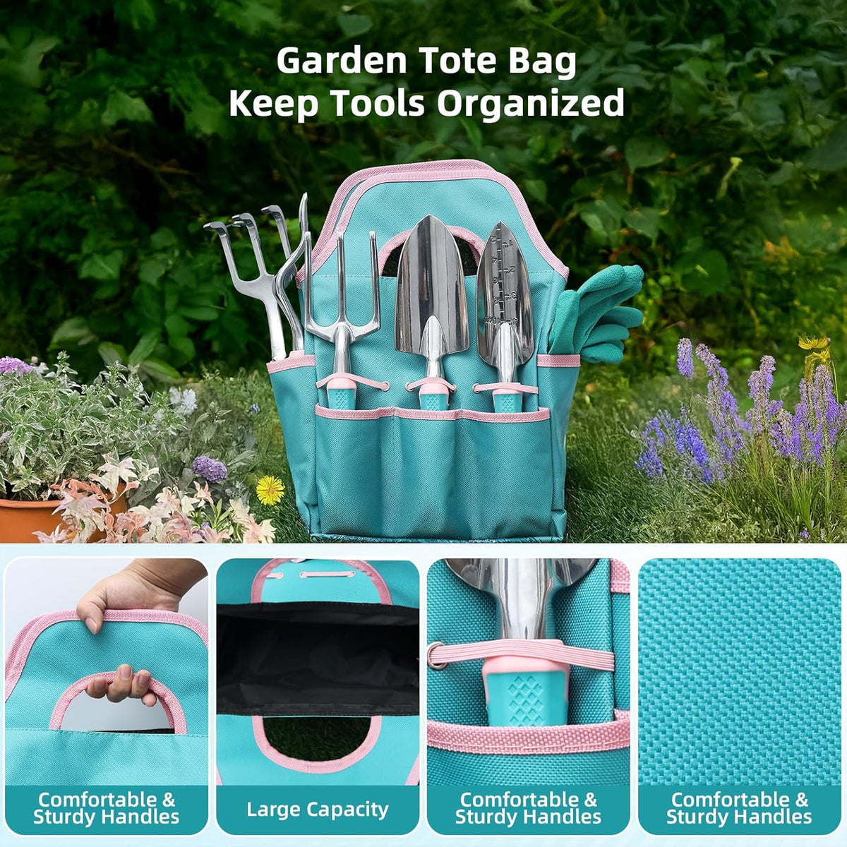 Garden Tool Set,8 Pcs Gardening Hand Tool Starter Kit for Women Heavy Duty Outdoor Tool Kit Aluminum Alloy with Non Slip Ergonomic Handle, Ideal Gifts for Women and Men, Green&Pink