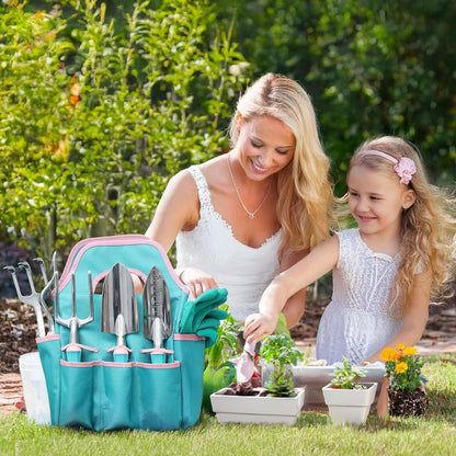 Garden Tool Set,8 Pcs Gardening Hand Tool Starter Kit for Women Heavy Duty Outdoor Tool Kit Aluminum Alloy with Non Slip Ergonomic Handle, Ideal Gifts for Women and Men, Green&Pink