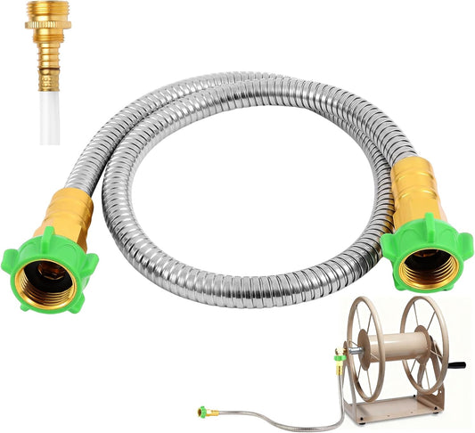 Short Metal Garden Hose with Female to Female Connector， Stainless Steel Small Leader Hose for Hose Reel, Outdoor Water Hose Extension Adapter (5 ft)