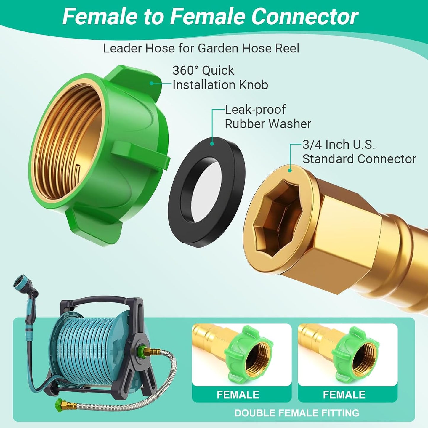 Short Metal Garden Hose with Female to Female Connector， Stainless Steel Small Leader Hose for Hose Reel, Outdoor Water Hose Extension Adapter (5 ft)