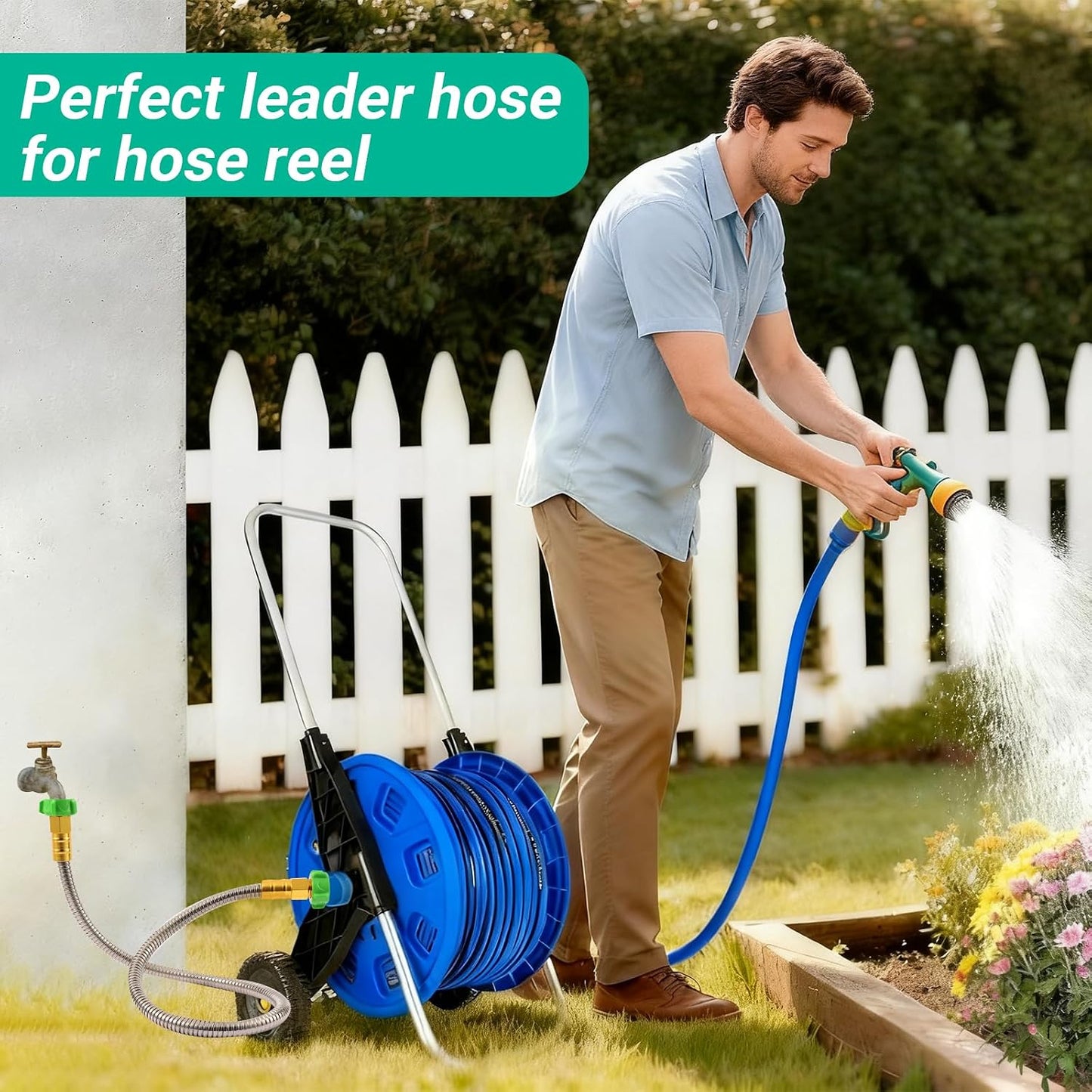 Short Metal Garden Hose with Female to Female Connector， Stainless Steel Small Leader Hose for Hose Reel, Outdoor Water Hose Extension Adapter (5 ft)