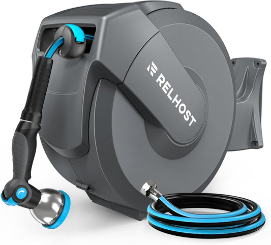 Retractable Garden Hose Reel, 5/8 in x 100 ft Wall Mount Heavy Duty Hose Reel with Any-Length Lock, Auto Rewind System, 180° Swivel Bracket, and 10-Pattern Nozzle for Garden, Dark Grey