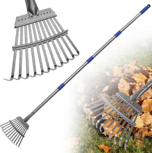 Small Garden Rake for Leaves, 6 Ft Adjustable Metal Lawn Rake
