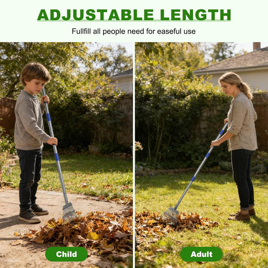 Small Garden Rake for Leaves, 6 Ft Adjustable Metal Lawn Rake