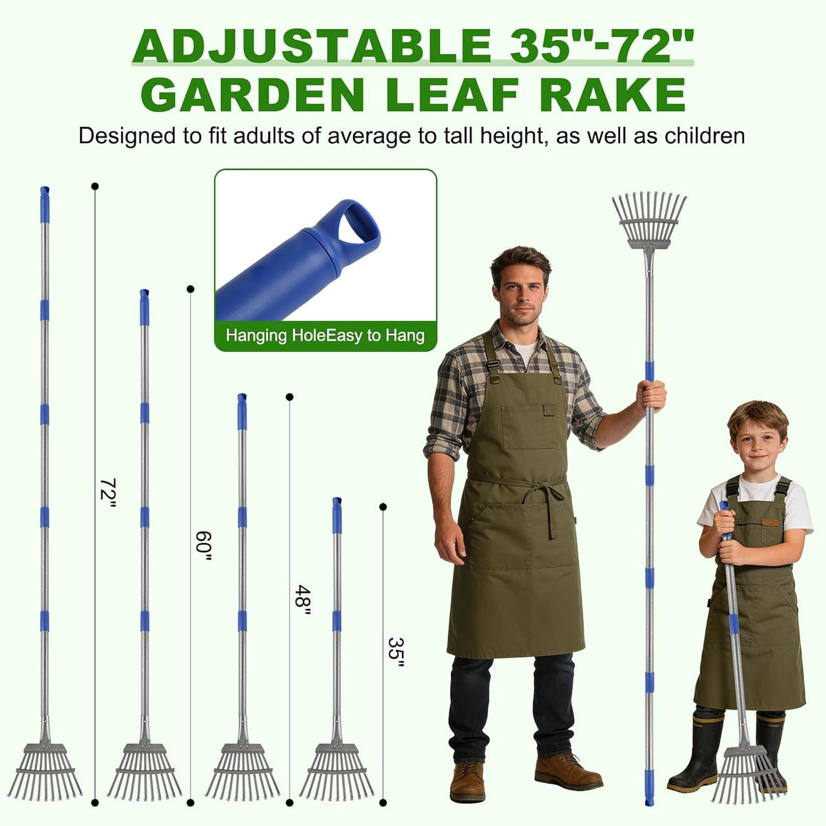 Small Garden Rake for Leaves, 6 Ft Adjustable Metal Lawn Rake