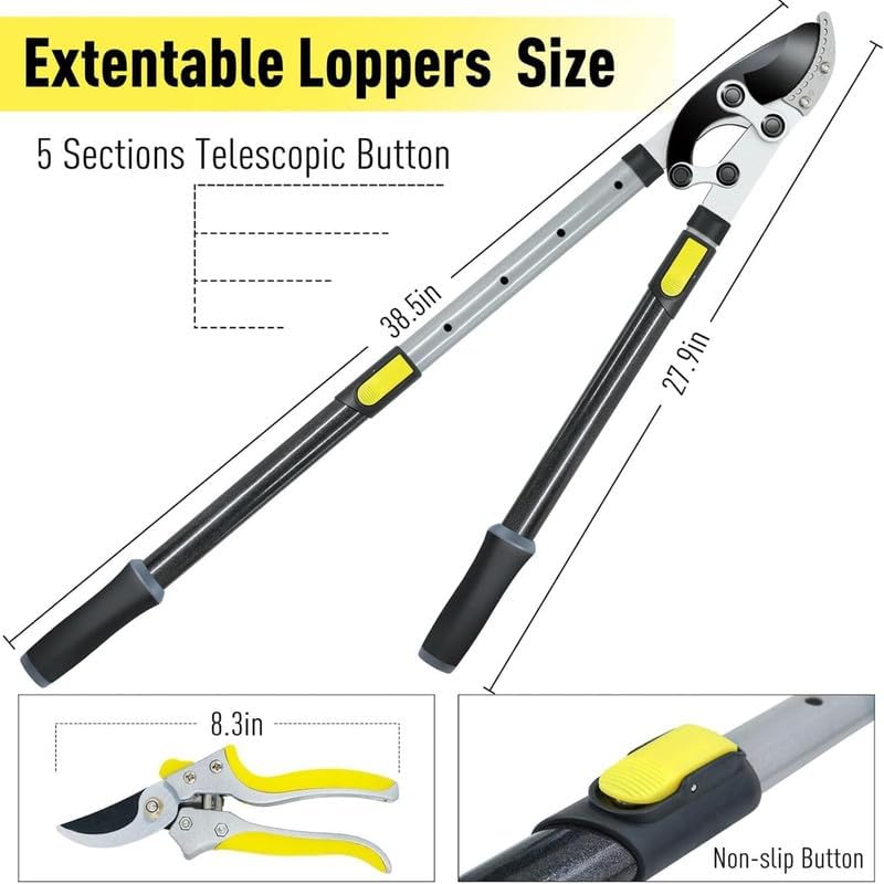 Heavy-Duty Extendable Lopper Set, 28-39" Telescopic Compound Action Branch Cutter with 2" Cutting Capacity & Hand Pruner