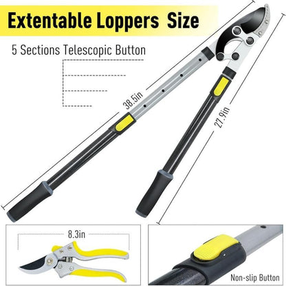 Heavy-Duty Extendable Lopper Set, 28-39" Telescopic Compound Action Branch Cutter with 2" Cutting Capacity & Hand Pruner