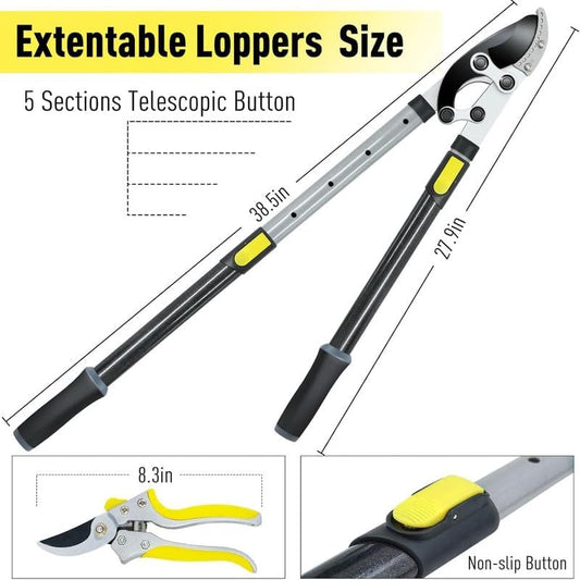 Heavy-Duty Extendable Lopper Set, 28-39" Telescopic Compound Action Branch Cutter with 2" Cutting Capacity & Hand Pruner