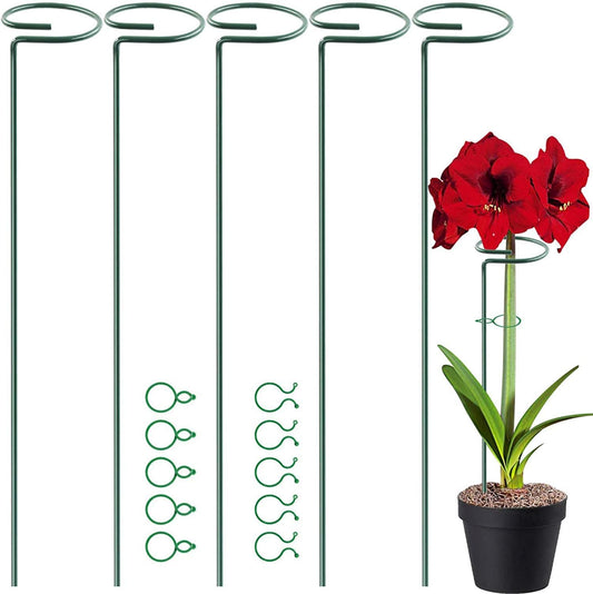 17 inch Plant Support Stakes, 4mm Thick Garden Single Stem Flower Support Stake Amaryllis Plant Cage Support Rings with 10 pcs Plant Clips for Tomato Orchid Lily Peony Rose Flower Stem-5 Pack