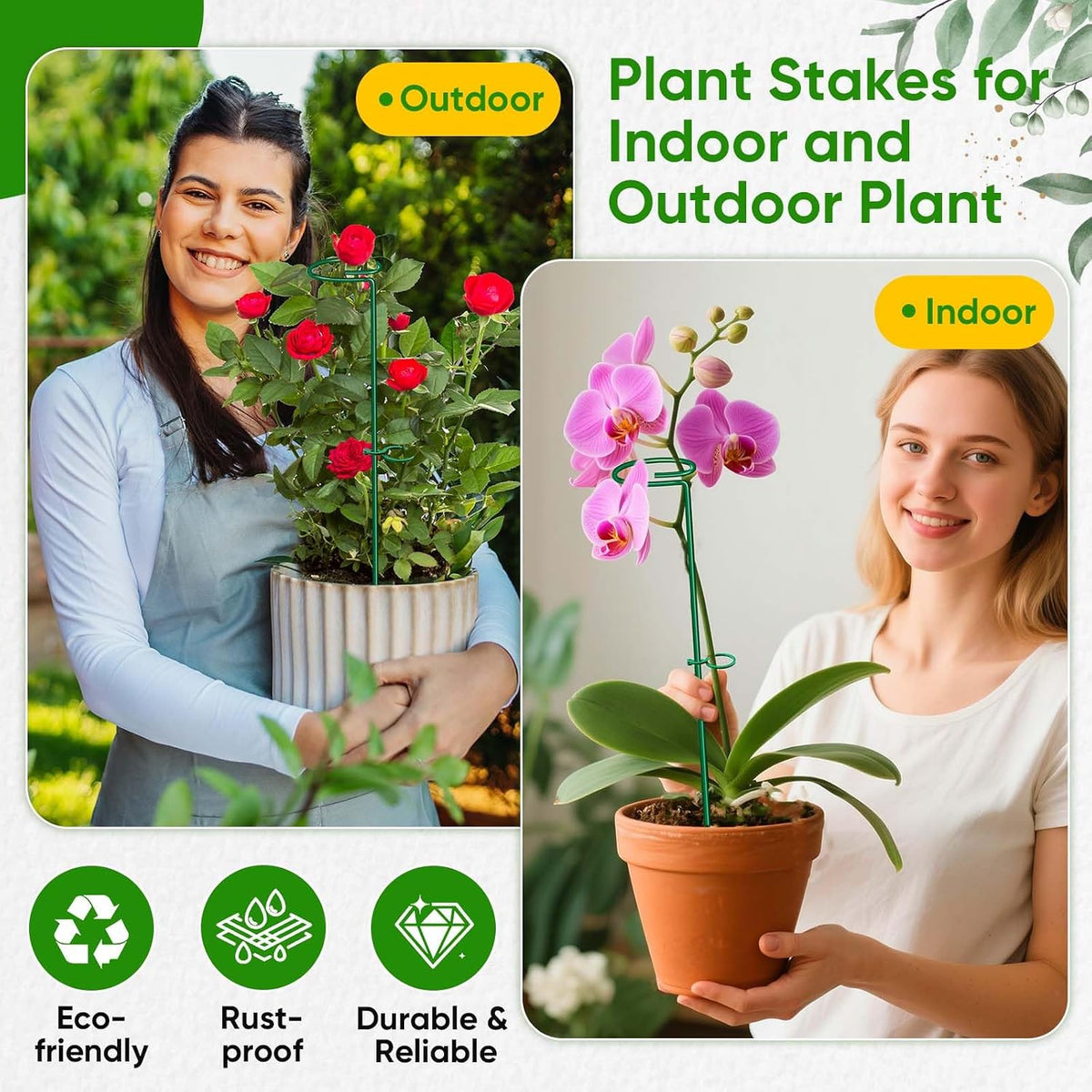 17 inch Plant Support Stakes, 4mm Thick Garden Single Stem Flower Support Stake Amaryllis Plant Cage Support Rings with 10 pcs Plant Clips for Tomato Orchid Lily Peony Rose Flower Stem-5 Pack