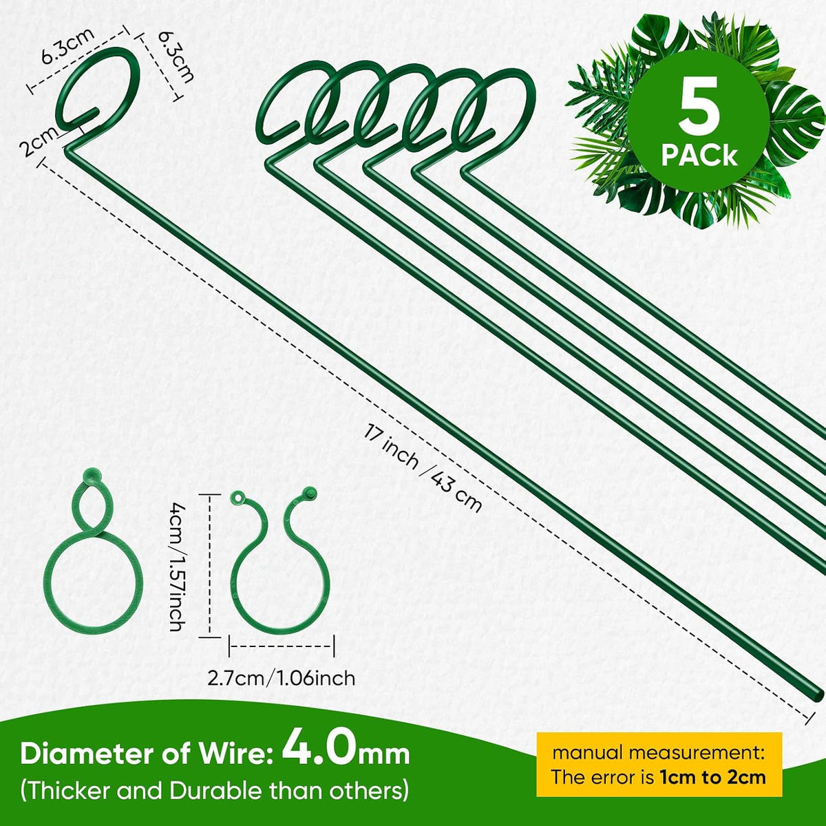 17 inch Plant Support Stakes, 4mm Thick Garden Single Stem Flower Support Stake Amaryllis Plant Cage Support Rings with 10 pcs Plant Clips for Tomato Orchid Lily Peony Rose Flower Stem-5 Pack