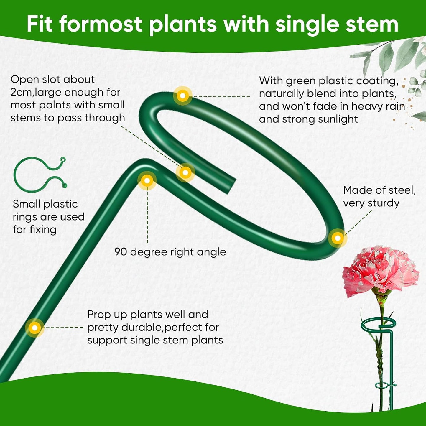 17 inch Plant Support Stakes, 4mm Thick Garden Single Stem Flower Support Stake Amaryllis Plant Cage Support Rings with 10 pcs Plant Clips for Tomato Orchid Lily Peony Rose Flower Stem-5 Pack