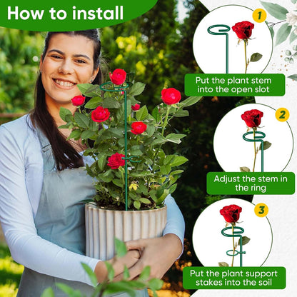 17 inch Plant Support Stakes, 4mm Thick Garden Single Stem Flower Support Stake Amaryllis Plant Cage Support Rings with 10 pcs Plant Clips for Tomato Orchid Lily Peony Rose Flower Stem-5 Pack