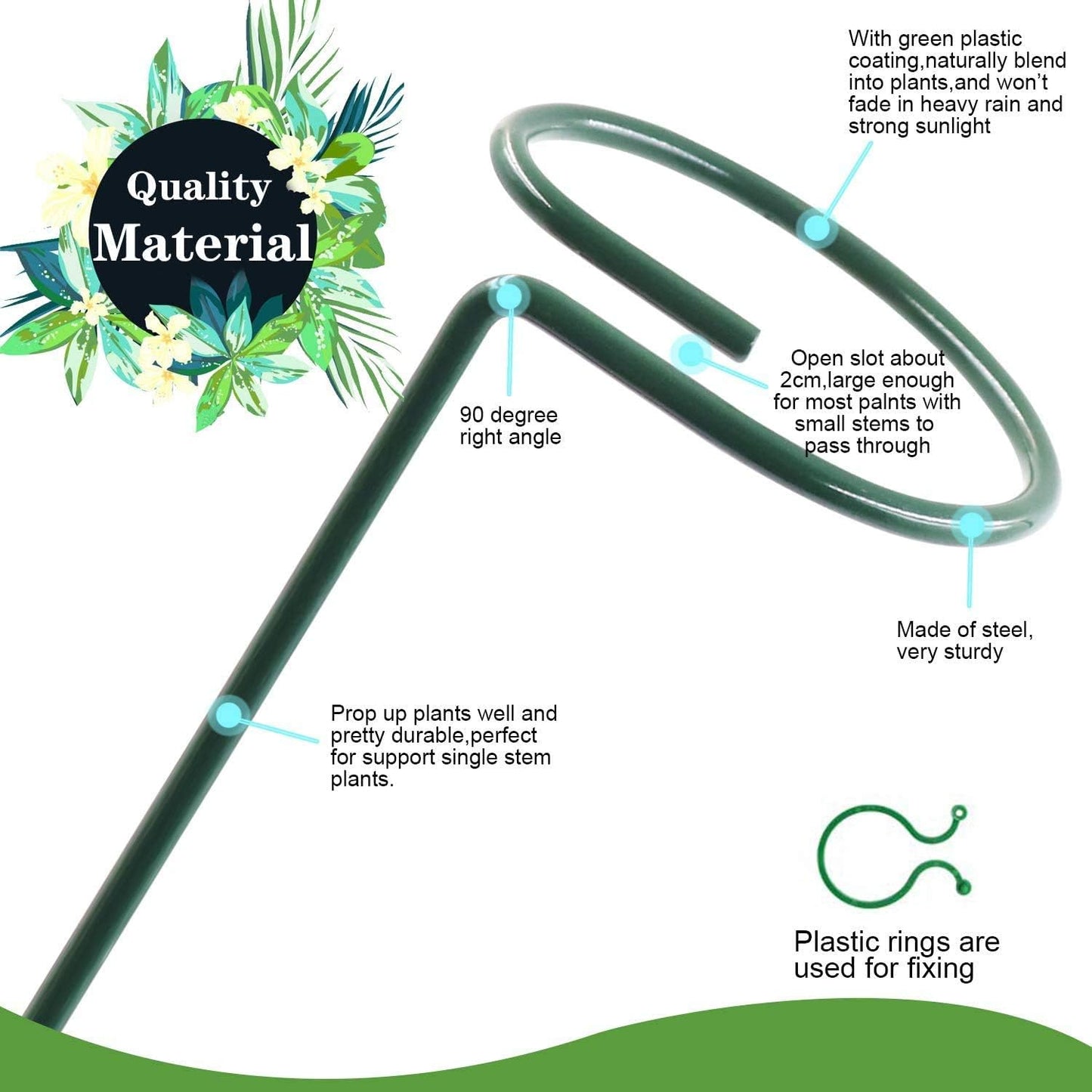 17 inch Plant Support Stakes, 4mm Thick Garden Single Stem Flower Support Stake Amaryllis Plant Cage Support Rings with 10 pcs Plant Clips for Tomato Orchid Lily Peony Rose Flower Stem-5 Pack