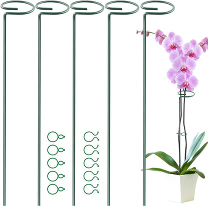 17 inch Plant Support Stakes, 4mm Thick Garden Single Stem Flower Support Stake Amaryllis Plant Cage Support Rings with 10 pcs Plant Clips for Tomato Orchid Lily Peony Rose Flower Stem-5 Pack