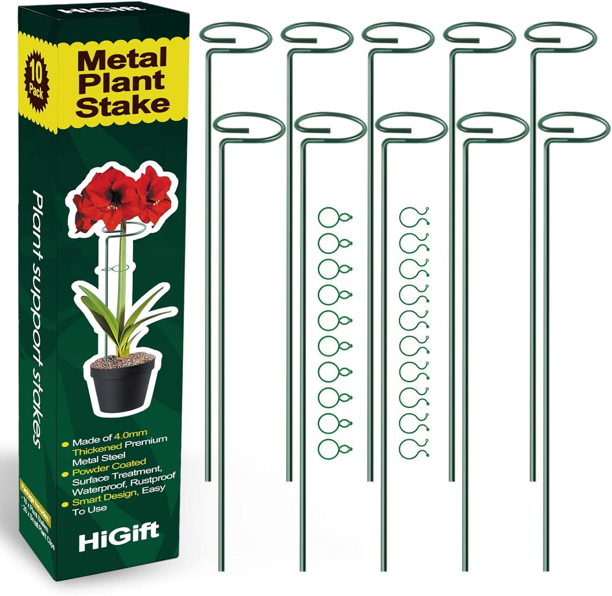 17 inch Plant Support Stakes, 4mm Thick Garden Single Stem Flower Support Stake Amaryllis Plant Cage Support Rings with 10 pcs Plant Clips for Tomato Orchid Lily Peony Rose Flower Stem-5 Pack