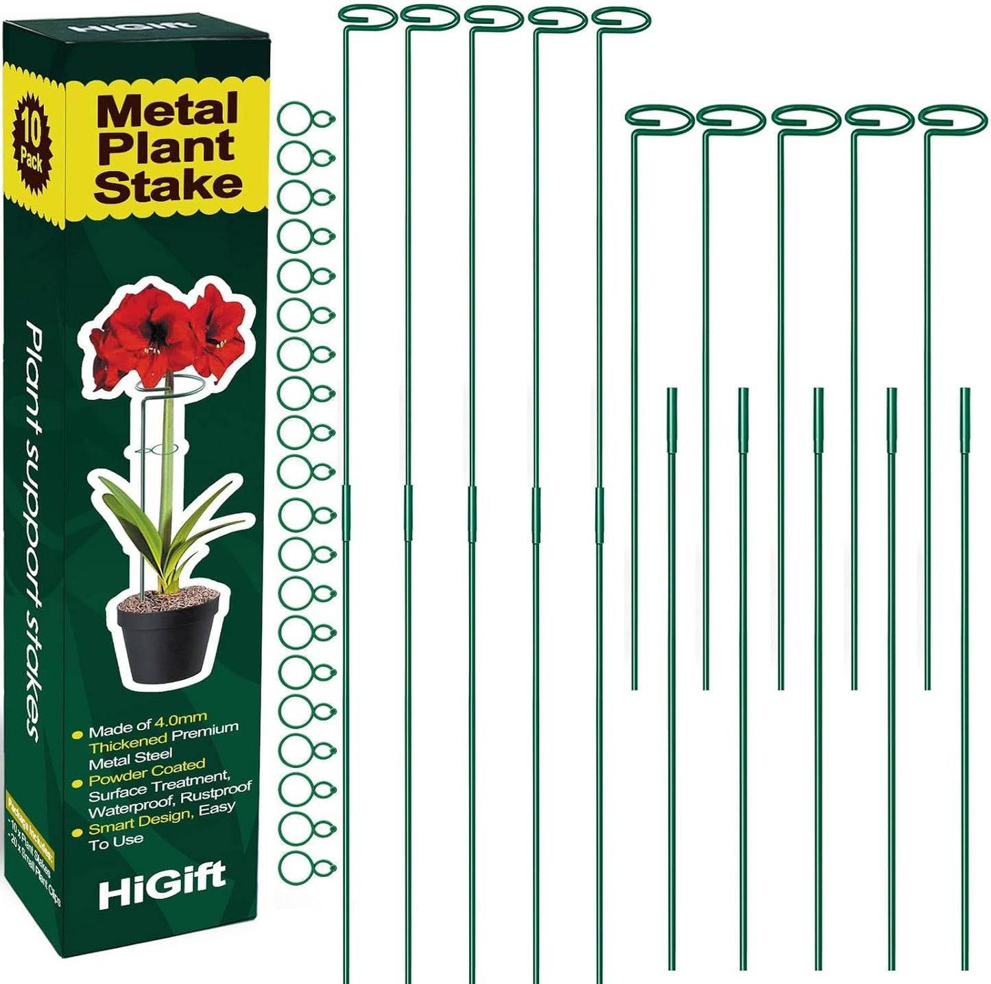 17 inch Plant Support Stakes, 4mm Thick Garden Single Stem Flower Support Stake Amaryllis Plant Cage Support Rings with 10 pcs Plant Clips for Tomato Orchid Lily Peony Rose Flower Stem-5 Pack