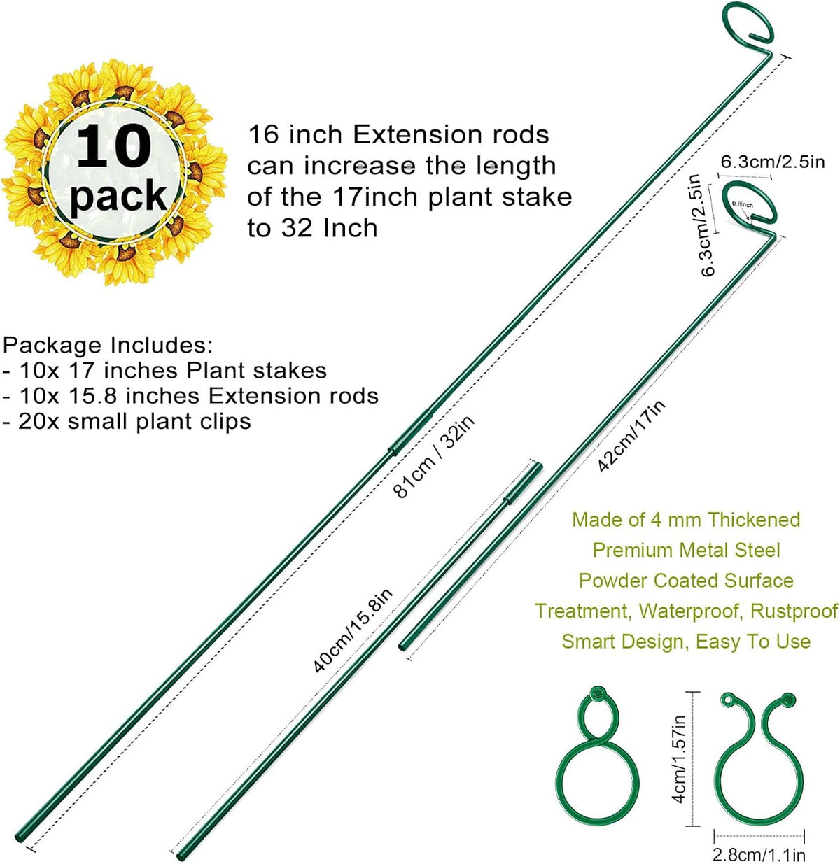 17 inch Plant Support Stakes, 4mm Thick Garden Single Stem Flower Support Stake Amaryllis Plant Cage Support Rings with 10 pcs Plant Clips for Tomato Orchid Lily Peony Rose Flower Stem-5 Pack