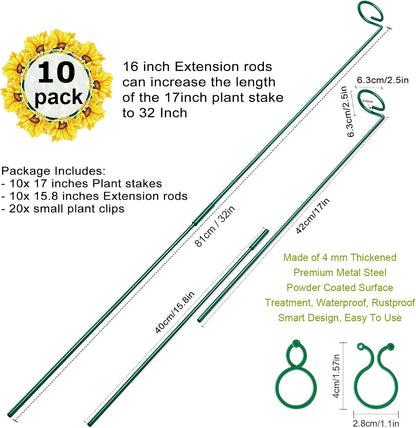 17 inch Plant Support Stakes, 4mm Thick Garden Single Stem Flower Support Stake Amaryllis Plant Cage Support Rings with 10 pcs Plant Clips for Tomato Orchid Lily Peony Rose Flower Stem-5 Pack