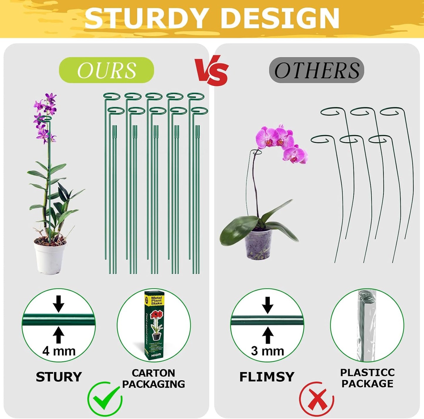 17 inch Plant Support Stakes, 4mm Thick Garden Single Stem Flower Support Stake Amaryllis Plant Cage Support Rings with 10 pcs Plant Clips for Tomato Orchid Lily Peony Rose Flower Stem-5 Pack