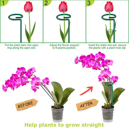 17 inch Plant Support Stakes, 4mm Thick Garden Single Stem Flower Support Stake Amaryllis Plant Cage Support Rings with 10 pcs Plant Clips for Tomato Orchid Lily Peony Rose Flower Stem-5 Pack