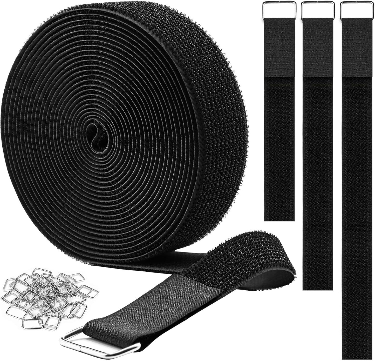 1"x32ft Hook and Loop Straps with 50 Metal Buckles, Adjustable Fastening Cable Straps, Cut-to-Length Cinch Strap, Reusable Nylon Securing Cord Ties for Organizer or Storage, 1 inch Wide, Black