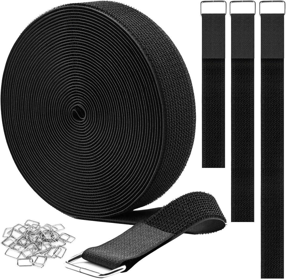 1"x32ft Hook and Loop Straps with 50 Metal Buckles, Adjustable Fastening Cable Straps, Cut-to-Length Cinch Strap, Reusable Nylon Securing Cord Ties for Organizer or Storage, 1 inch Wide, Black